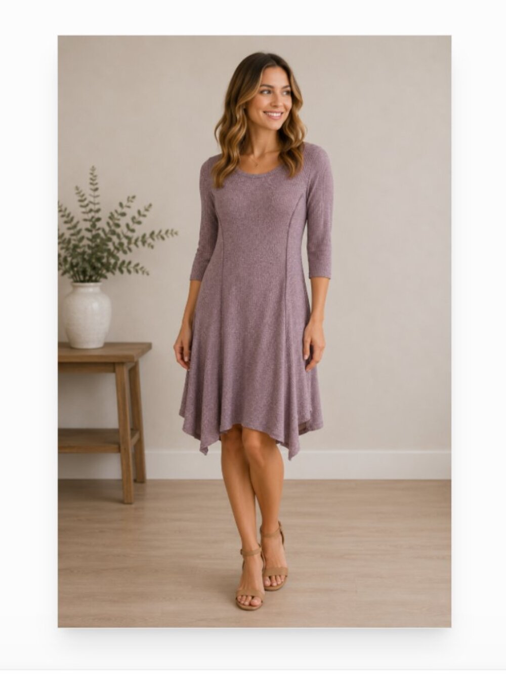 Miami women's M 3/4 sleeve ribbed knit shark bite hem burgundy casual dress EUC